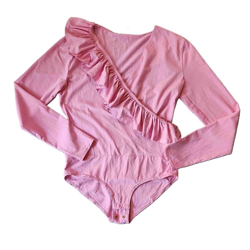 J Crew Pink Bodysuit Ruffled V Neck Small